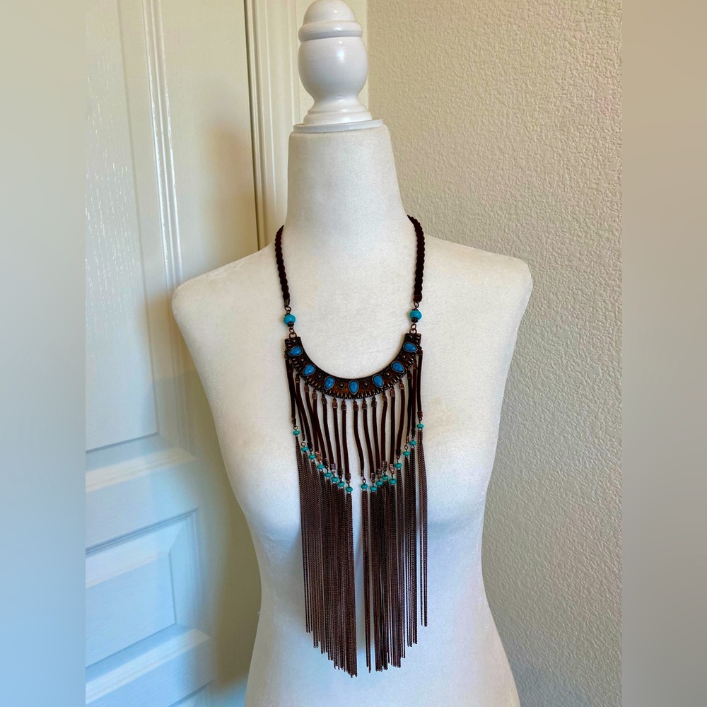 Shyanne NWT Faux Turquoise Faux Leather / Suede Necklace Brown / Copper Fringe